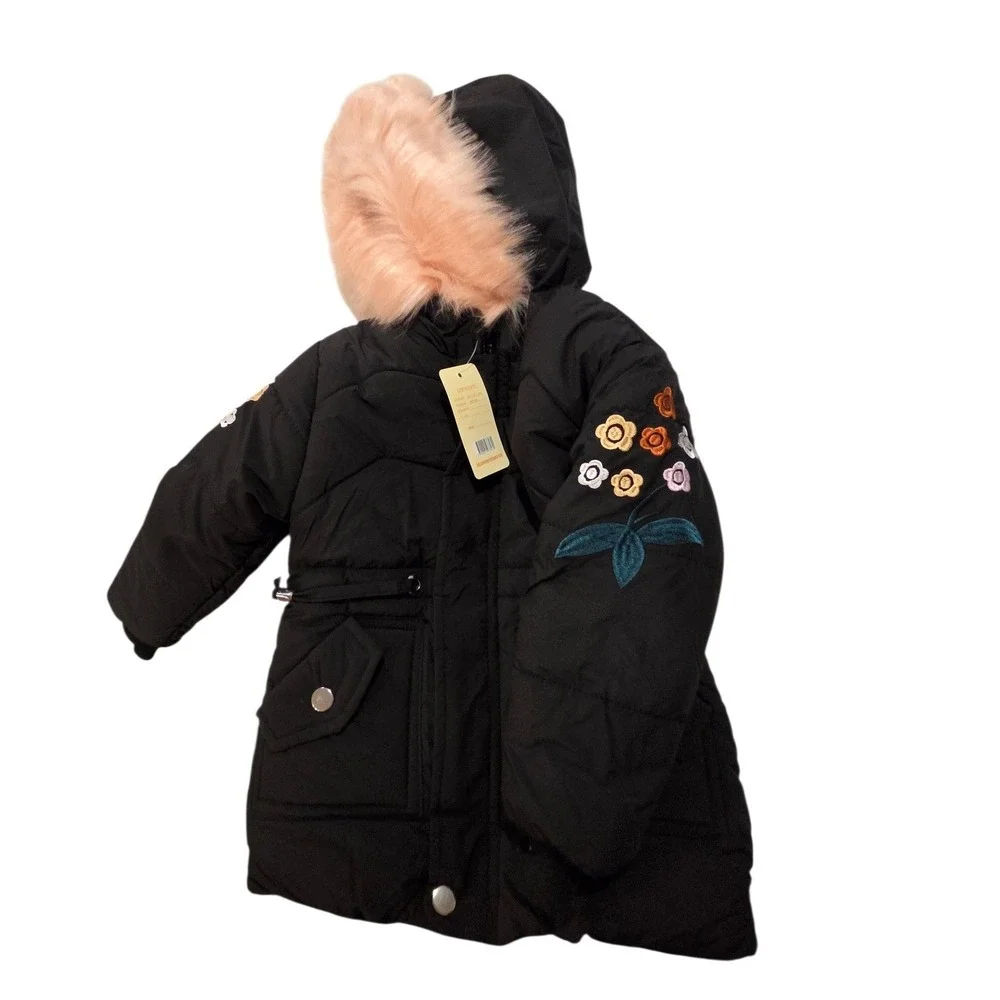 New Girls Black Quilted Puffer Jacket Pink Faux Fur Hood Floral‎ Embroidery 3-4Y